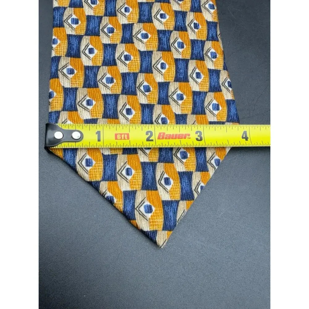 Peterborough Row Bloomingdales Silk Tie Gold Blue Geometric 59in Hand Sewn